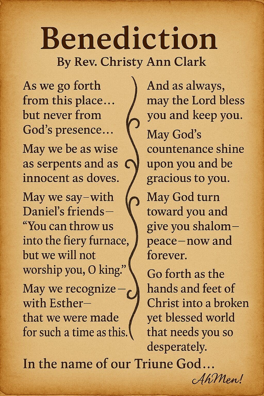 Benediction by Rev. Christy Ann Clark, written in two columns on a parchment scroll background with spiral detail
