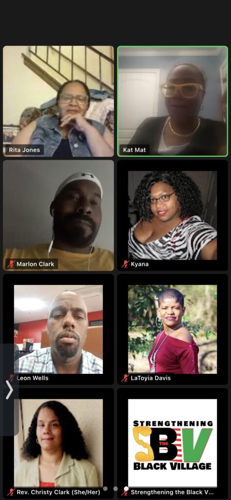 A Zoom grid showing eight adult participants in a virtual SBV parenting class. Some appear on live video while others display profile photos. The group includes Black and Latinx parents and caregivers, each engaged in the session.