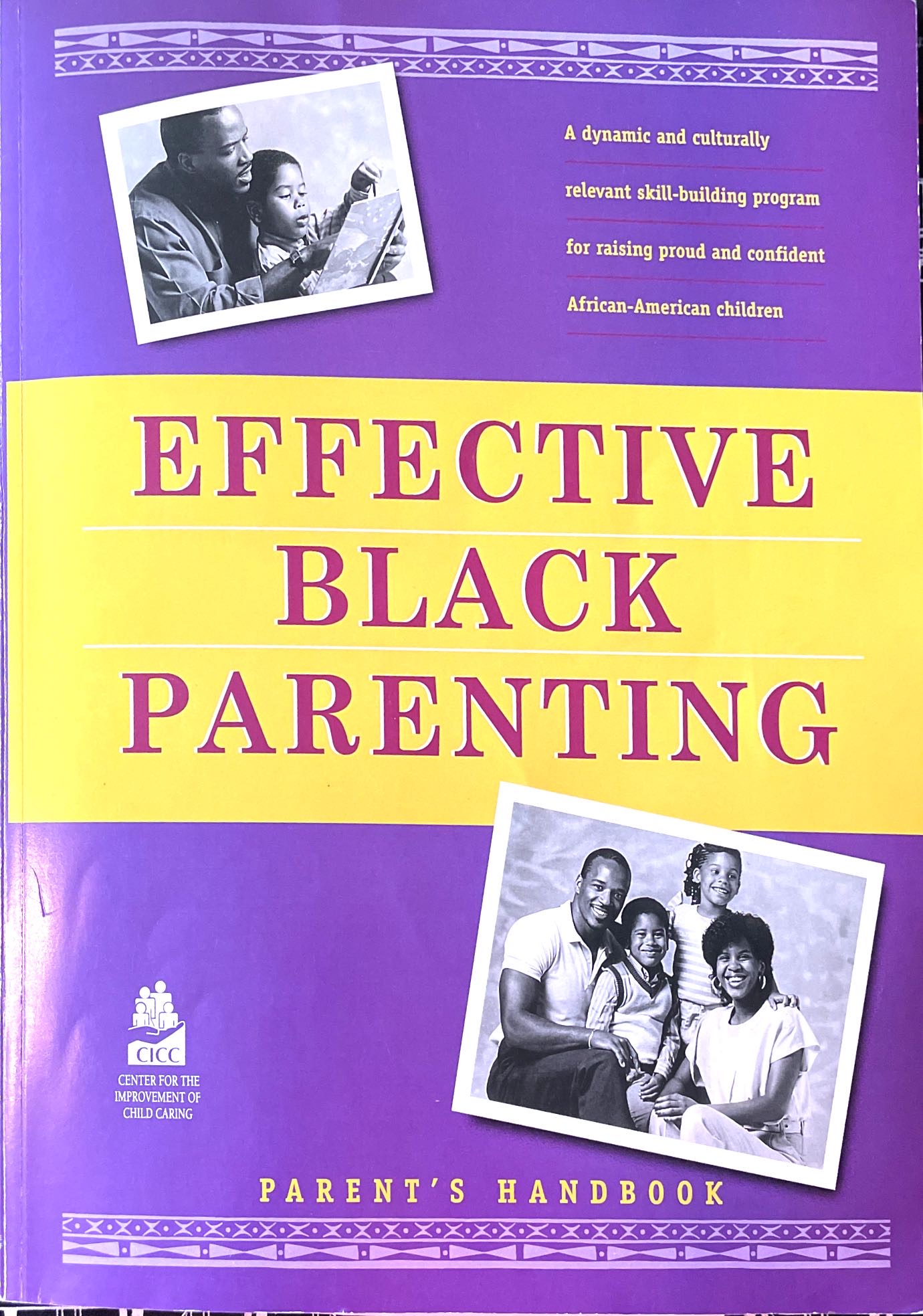 Effective Black Parenting Parent Handbook cover: illustration of joyful Black family on white background with purple and blue border