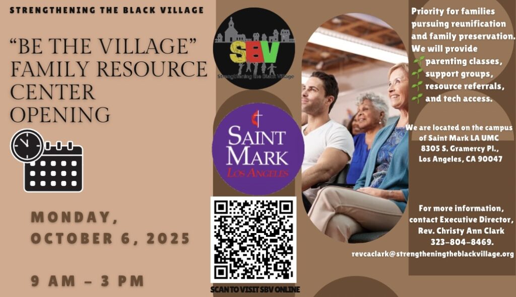 Flyer announcing the opening of the SBV Family Resource Center on October 6, 2025, with images of Saint Mark, SBV, and a welcoming community.
